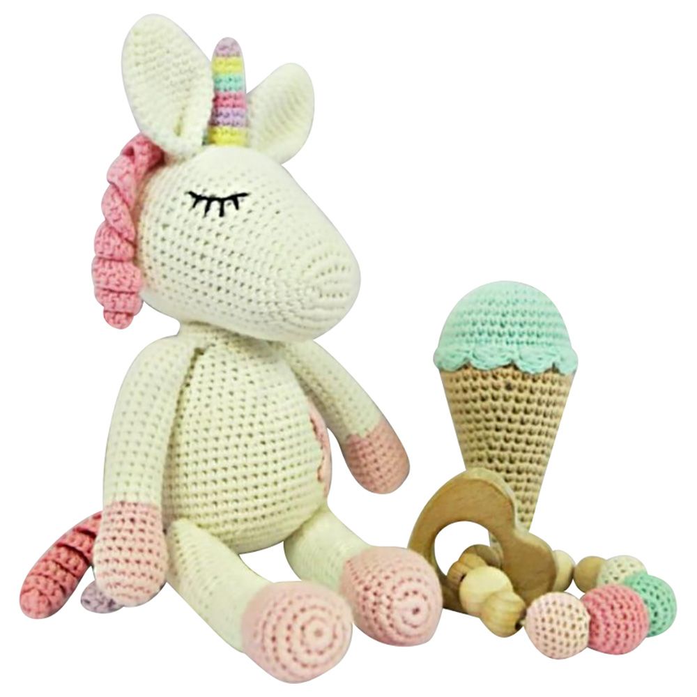 Pikkaboo - Snuggle&Play Crochet Unicorn Toy, Rattle, Teether