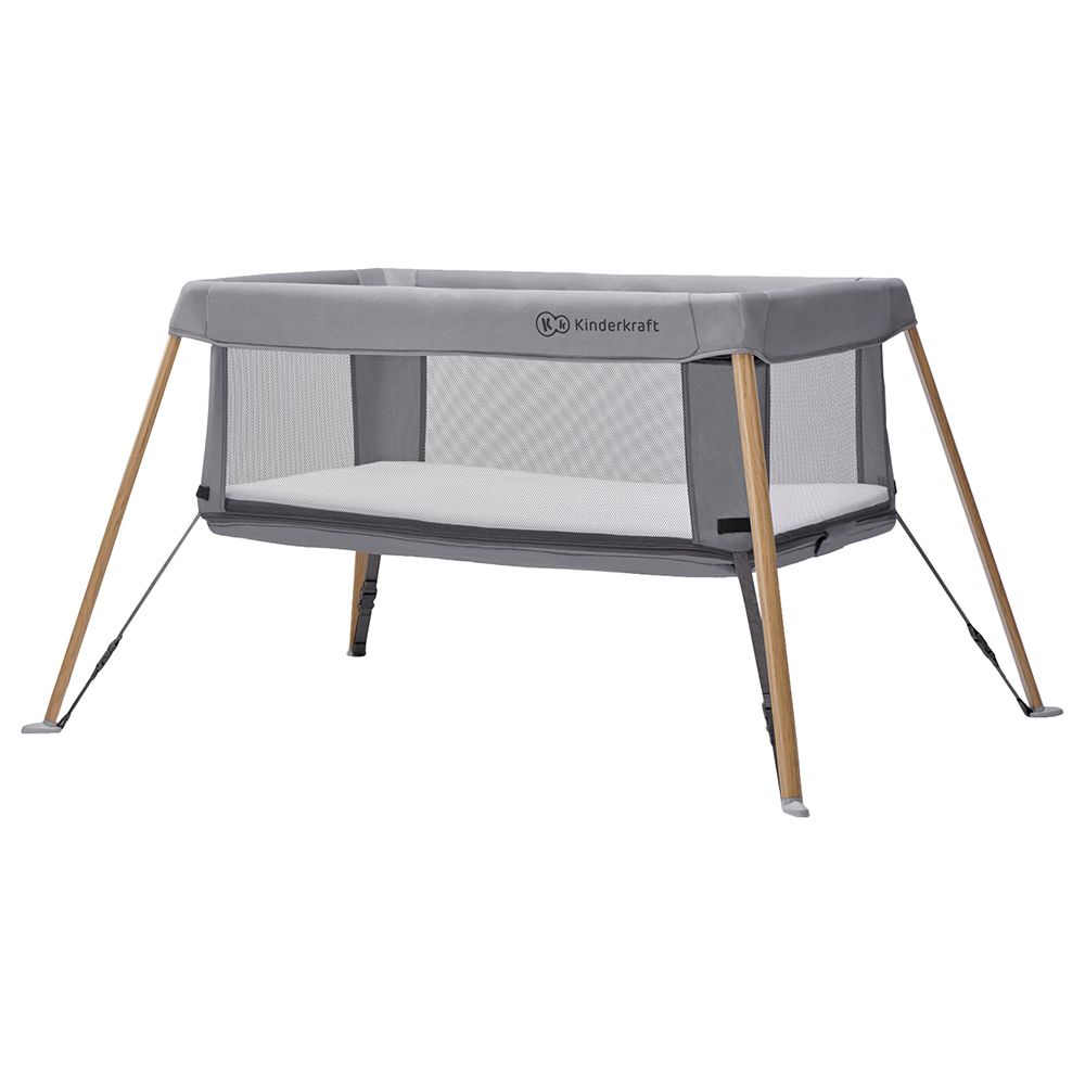 Kinderkraft - 2-in-1 Crib & Travel Bed Movi Travel Cot - Grey & Wood