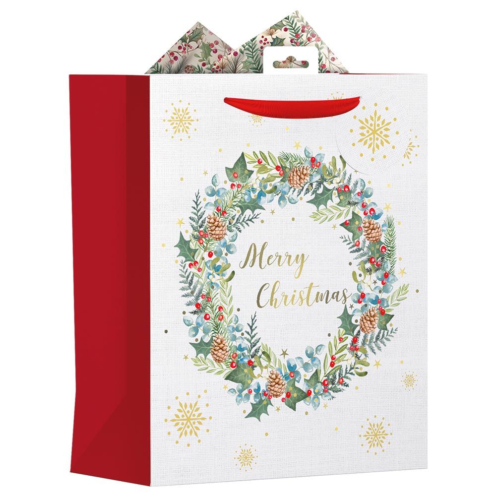 جيفت ميكر - كيس هدايا حفلات - كبير - Merry Christmas وأوراق شجر