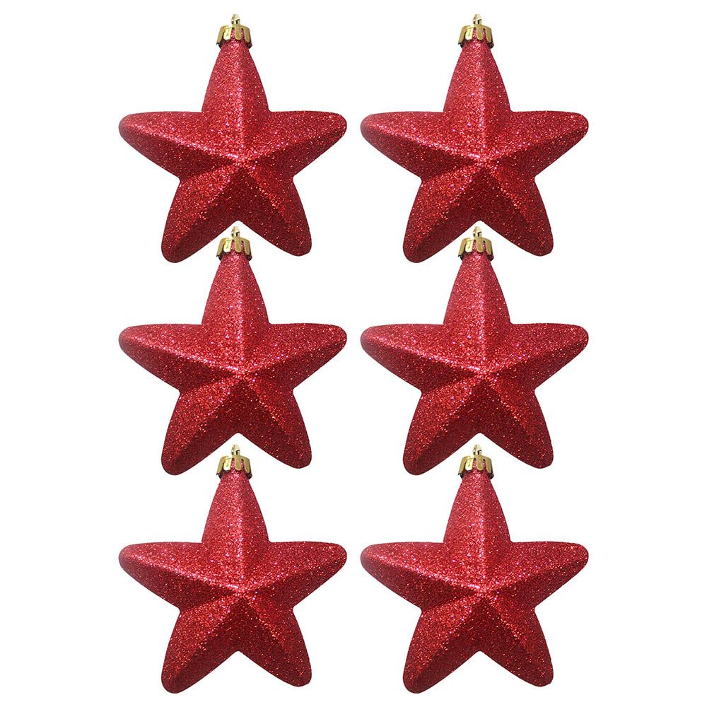Christmas Magic - 6pcs Hanging Star Glitter 10cm - Red