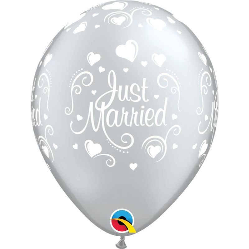 Qualatex Just Married Hearts 11in Silver Latex Balloon 6pcs