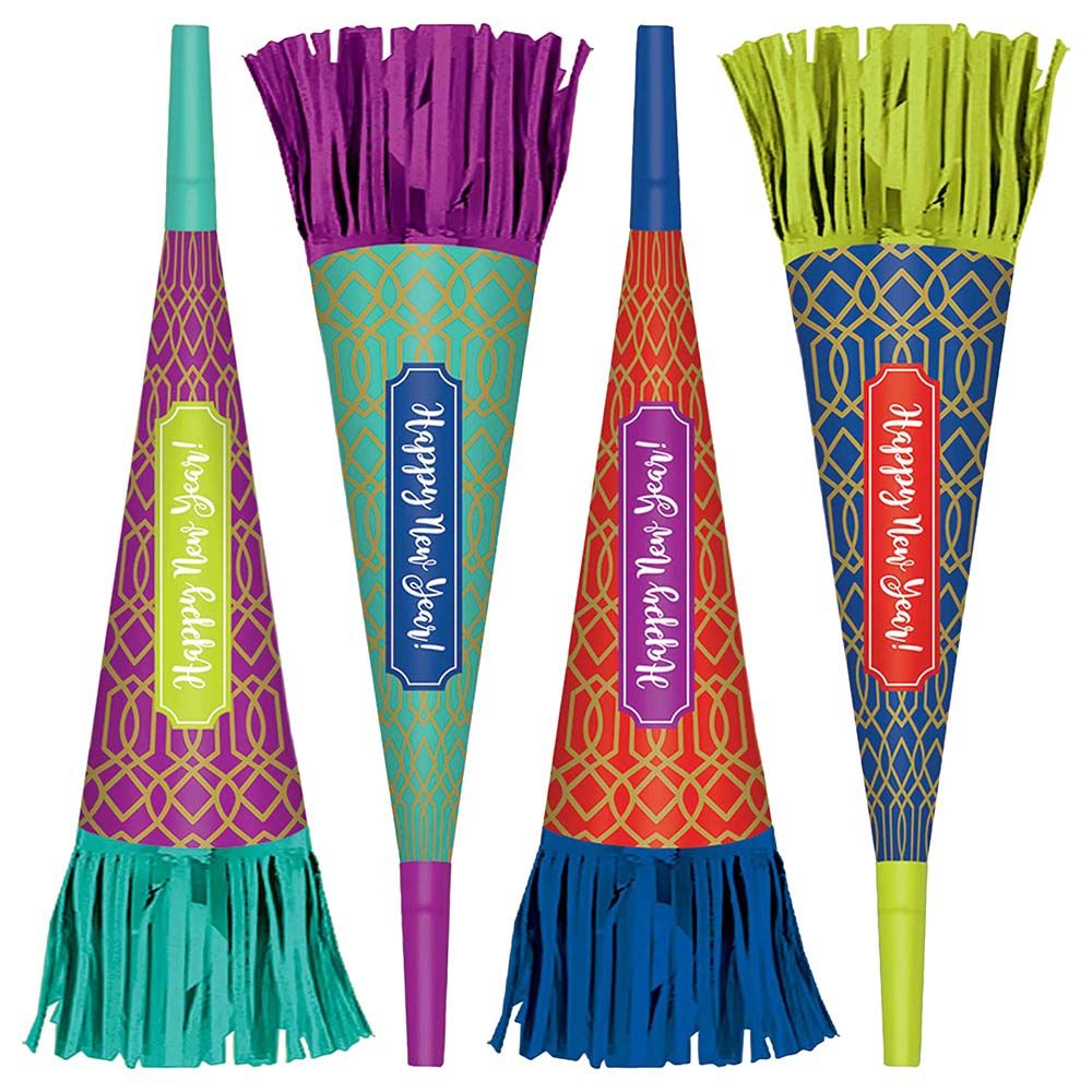 Party Centre - New Year's Paper with Foil Fringe Horns - 16pc-Set