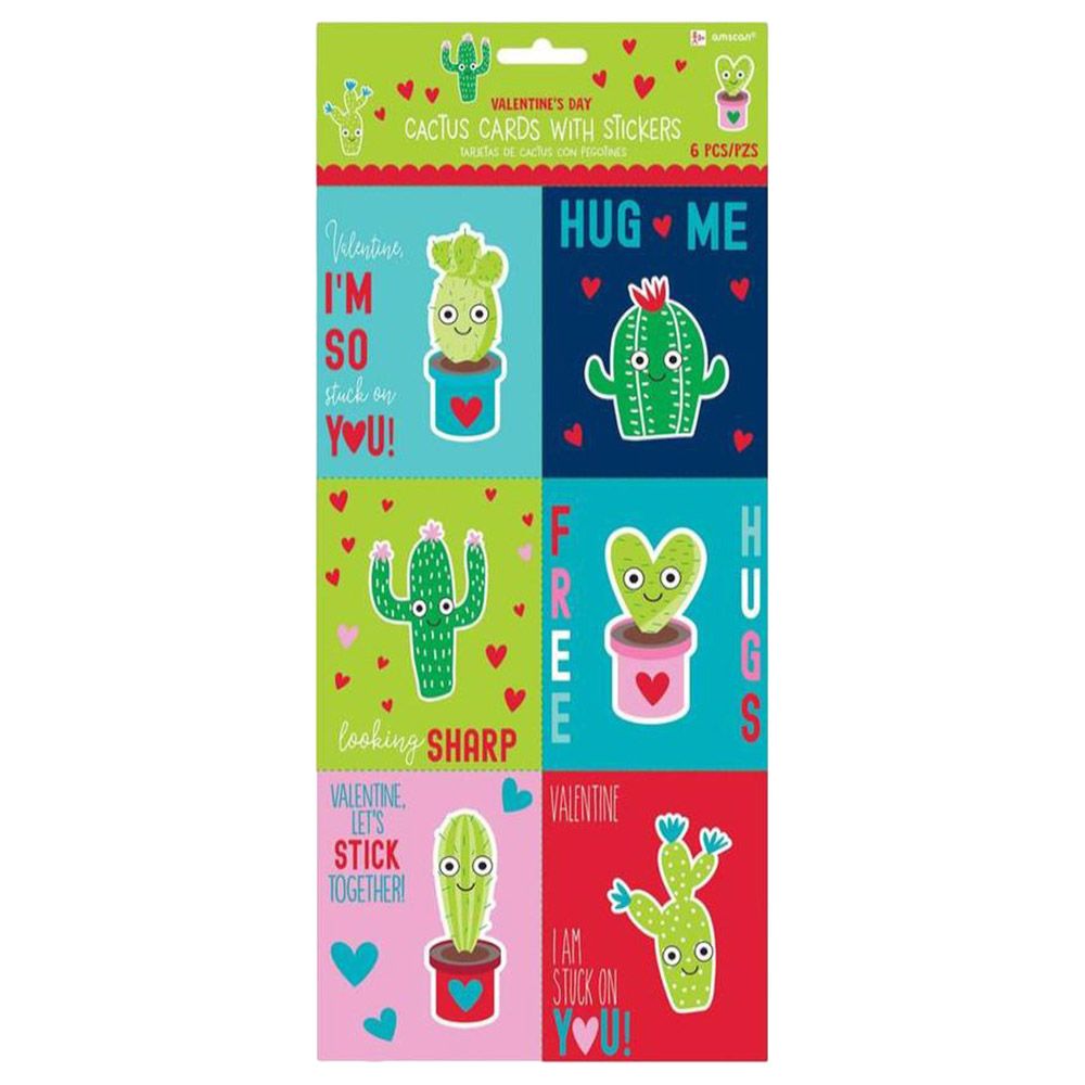 Party Centre - Valentines Cactus Cards With Puffy Sticker Card 6pcs