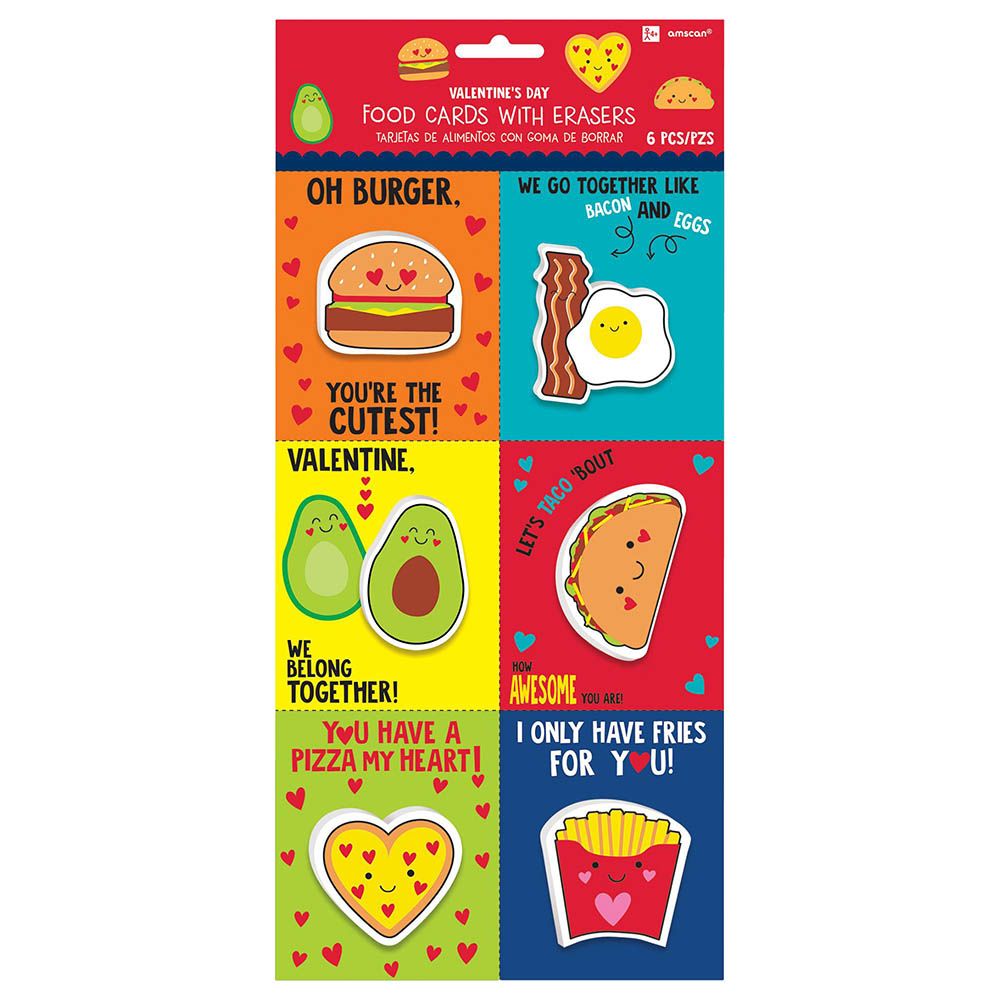 Party Centre - Food Valentine Cards With Eraser 6pcs
