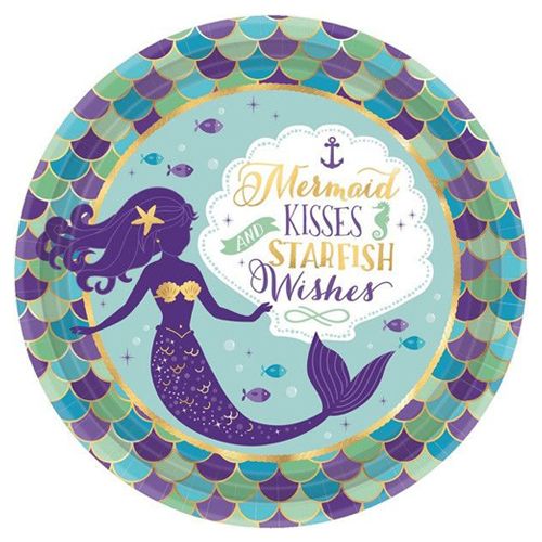 Mermaid Wishes Round Metallic Paper Plates 9"