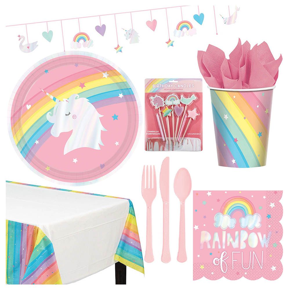 Party Center - Rainbow Unicorn Tableware Supplies For 8 Guests