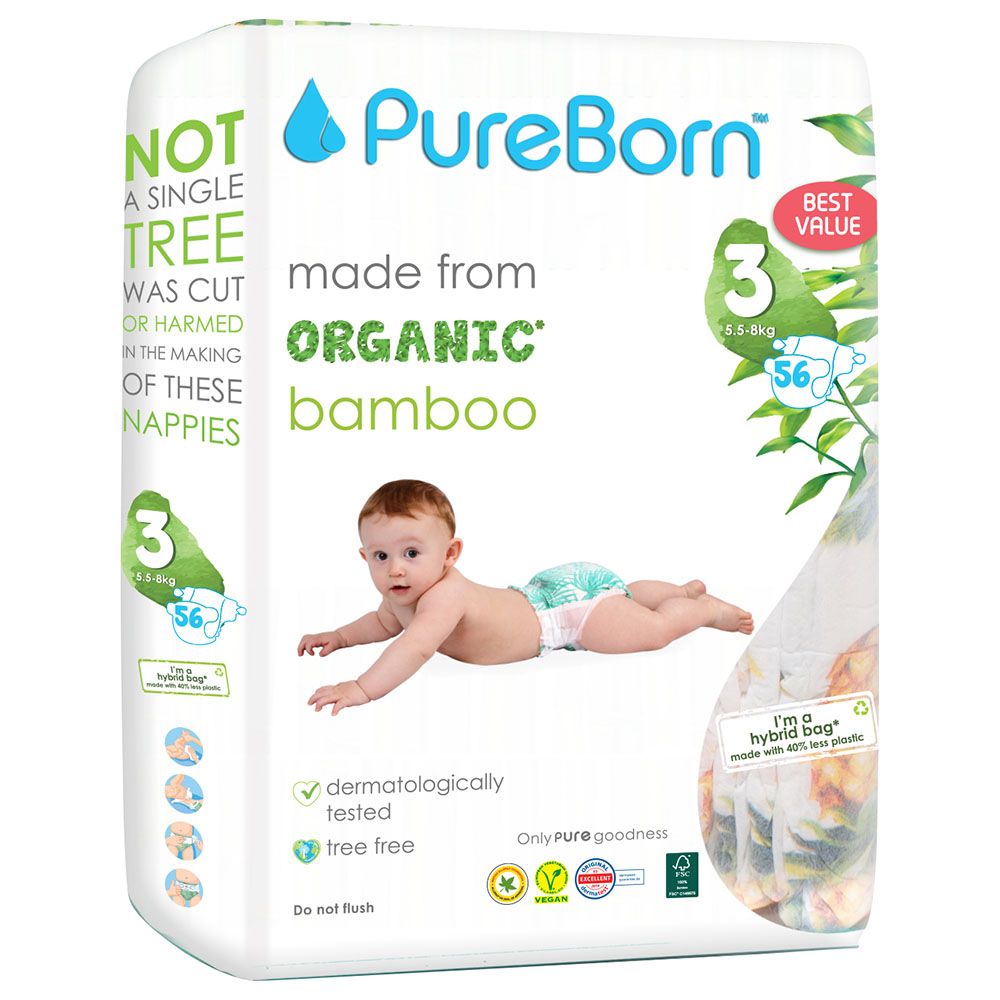 Pureborn - Value Pack Nappies 5.5-8kg Size 3 - 56pcs - Leopard
