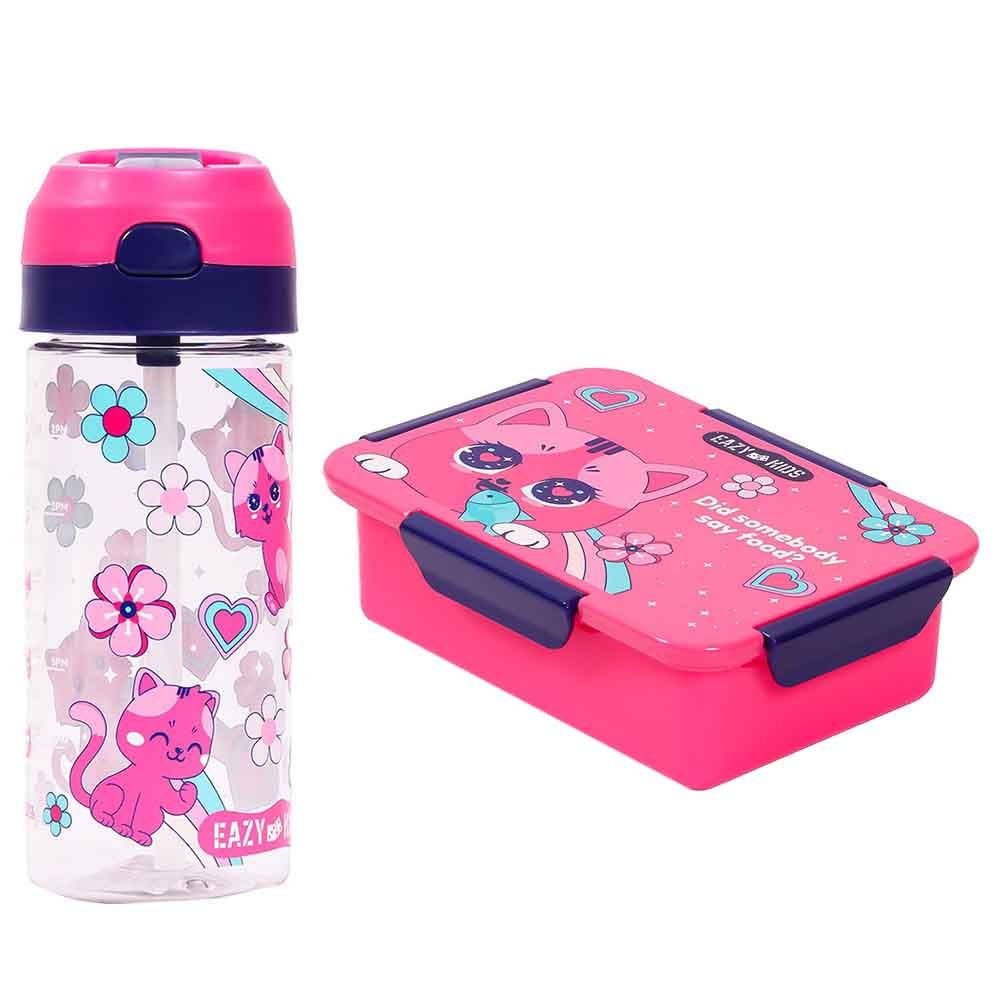 Eazy Kids - Cat Lunch Box & Water Bottle W/ Spray 420ml - Pink