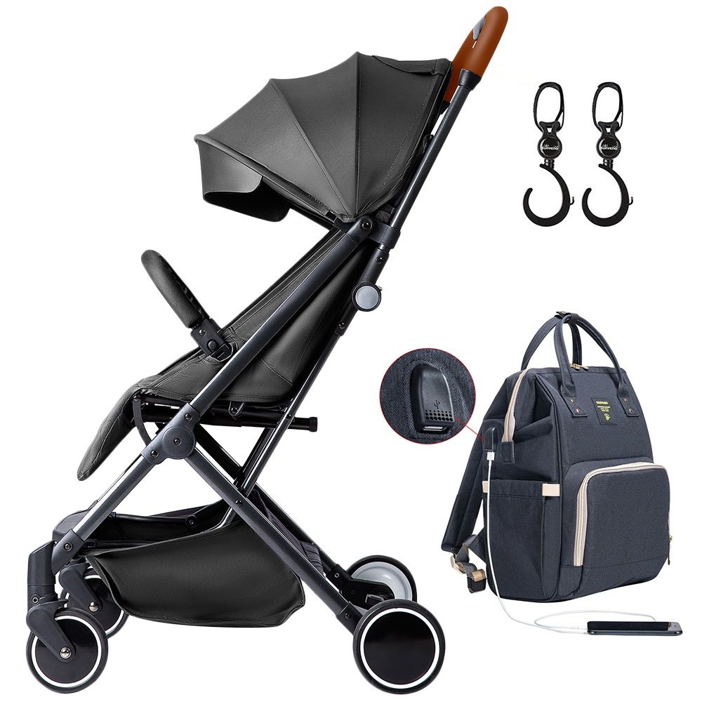 Teknum - Travel Lite Stroller + Sunveno USB Diaper Bag and Stroller Hooks - Black