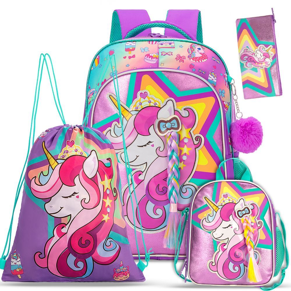 Eazy Kids - Backpack 18-Inch w/ Lunch Bag, Activity Bag & Pencil Case - Unicorn