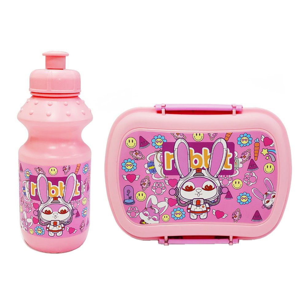 Eazy Kids - 2 Compartment Lunch Box & Water Bottle 350ml - Rabbit Pink