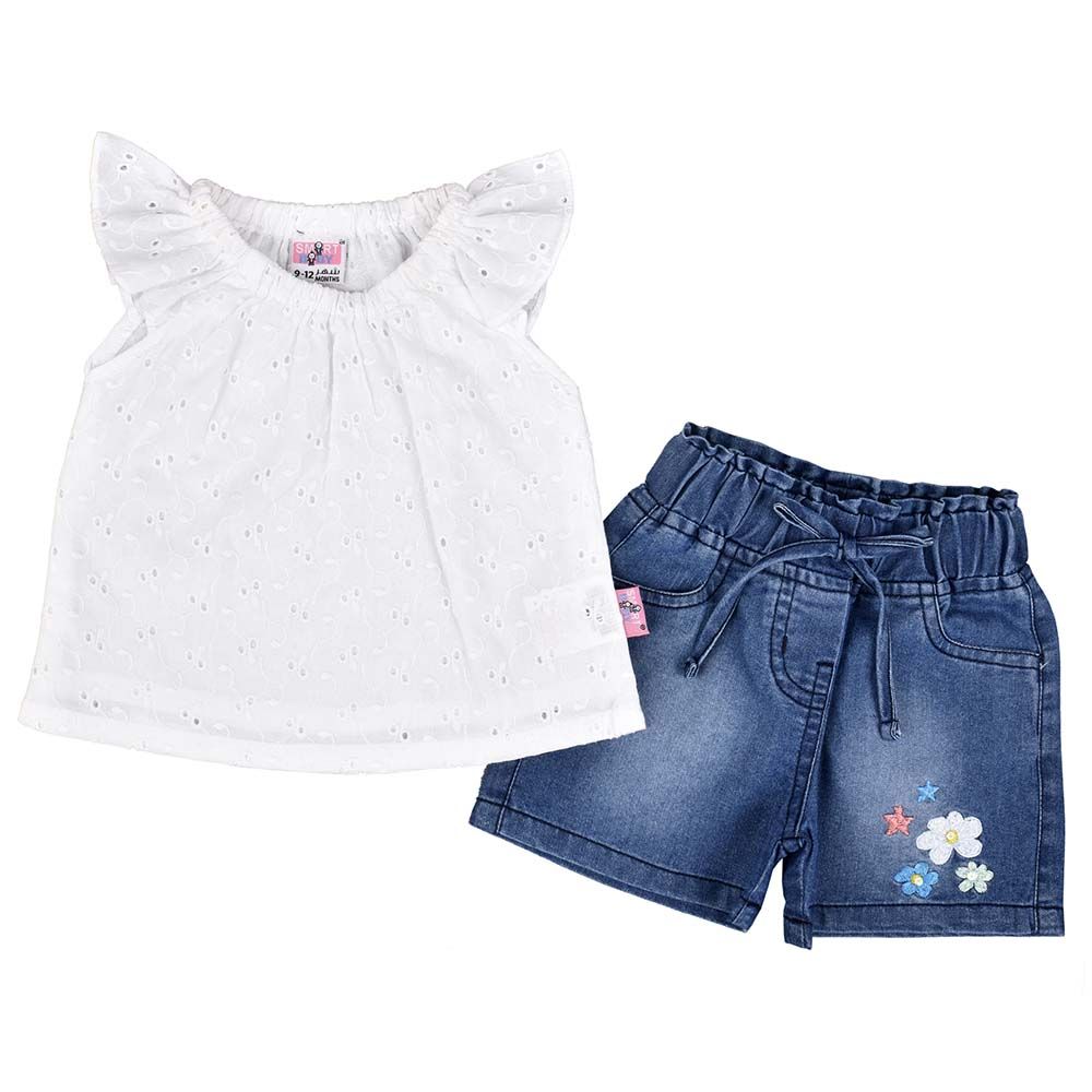 Smart Baby - 2pc-Set Baby Girls Top & Denim Shorts - White