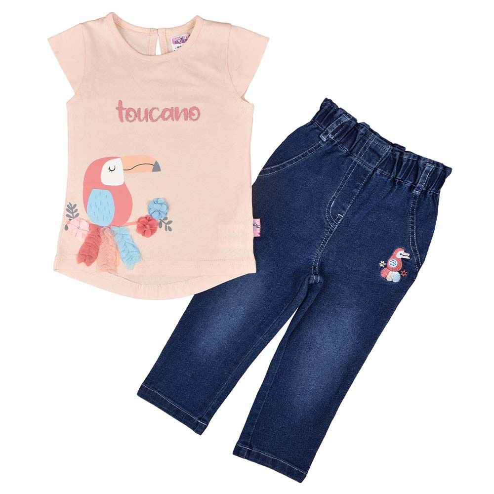 Smart Baby - 2pc-Set - Printed Top & Jeans - Peach/Blue