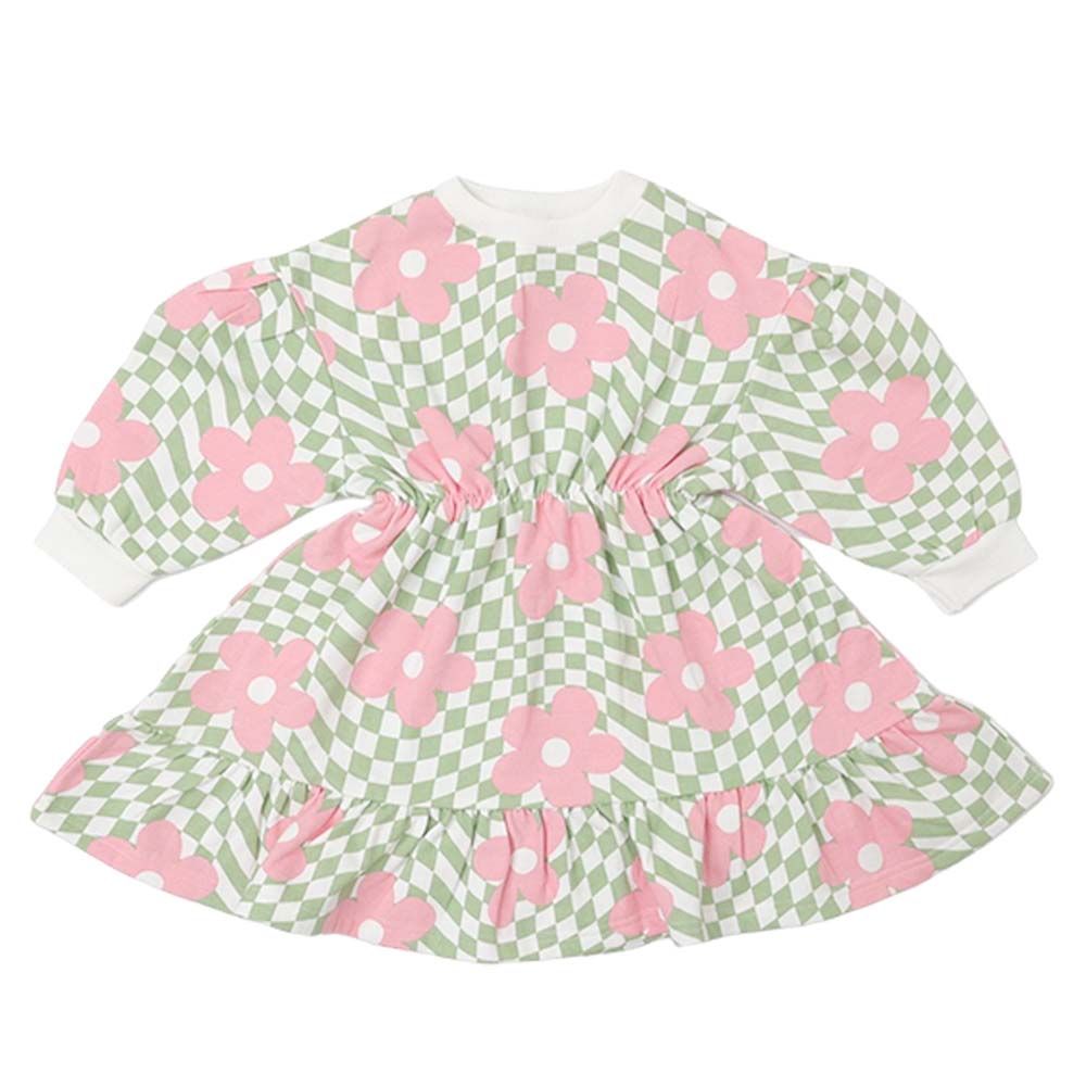 Aiko - Girls Floral Long Sleeve Sweat Dress - Green