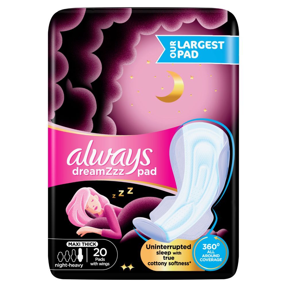 Always Dreamzz Pad Cotton Soft Maxi Thick, Night Long Sanitary Pads with Wings 20 Count
