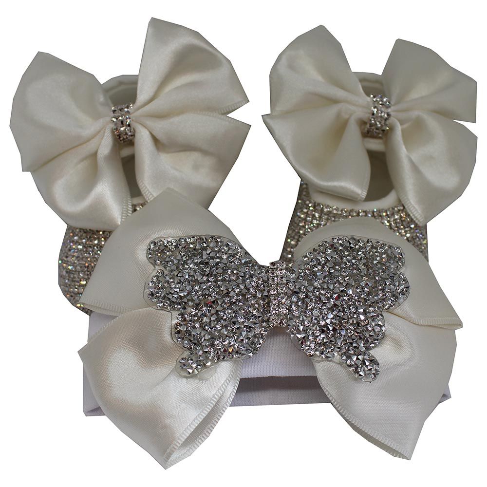Mini Plum - Bling Shoes And Headband - Ivory