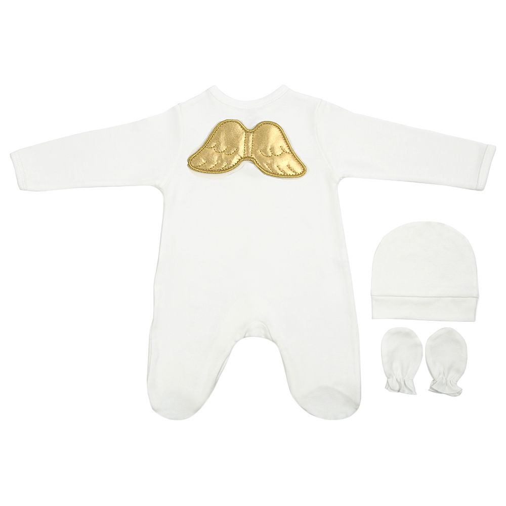 Mini Plum - Gold Angel One Piece, Hat & Mittens-Ivory