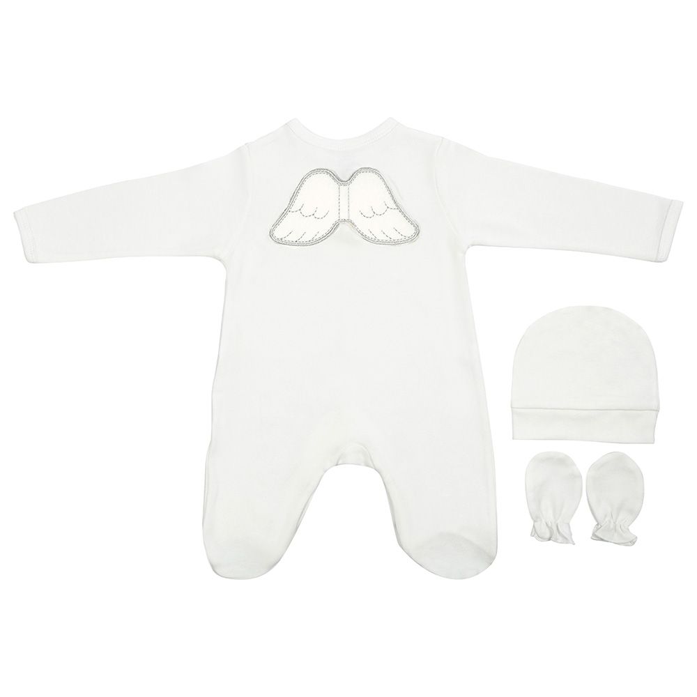 Mini Plum - White Angel One Piece, Hat & Mittens-Ivory
