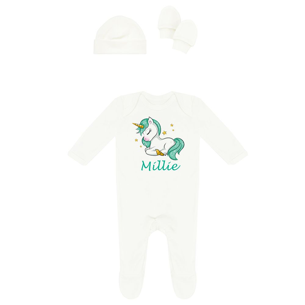 Mini Plum - Personalised Newborn Unicorn Baby Set 3pcs