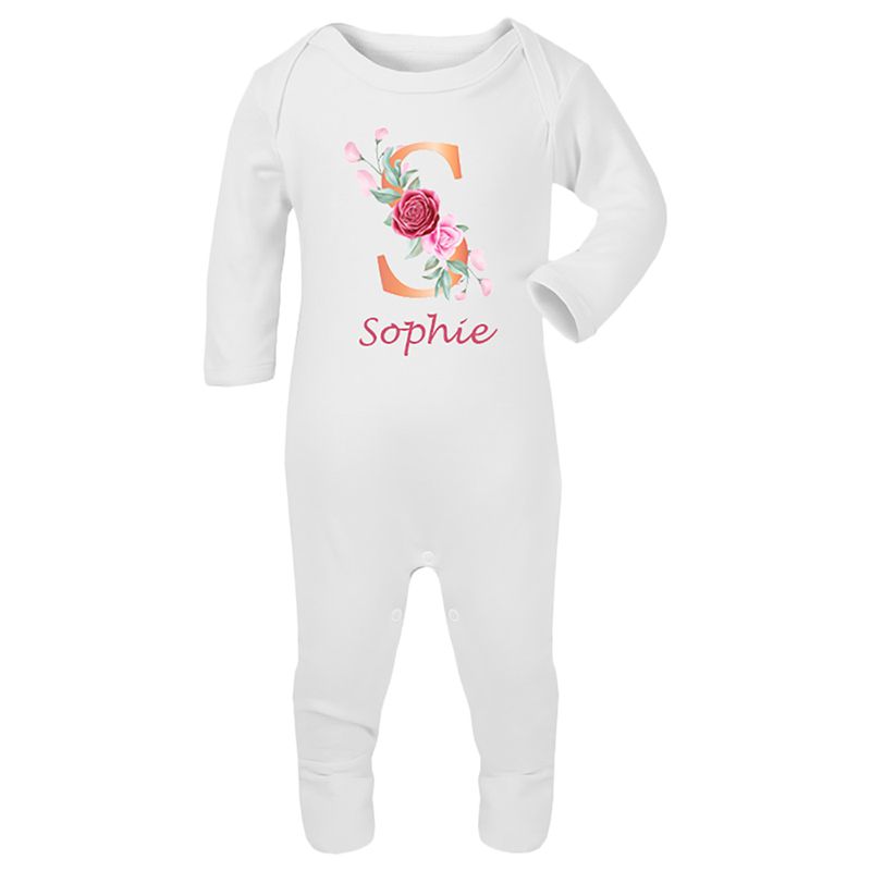 Mini Plum - Monogram Flowers Baby Romper - White