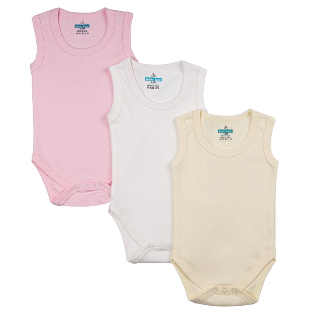 Babies Basic 3pc Set Cotton Sleeveless Bodysuit Pink Lemon