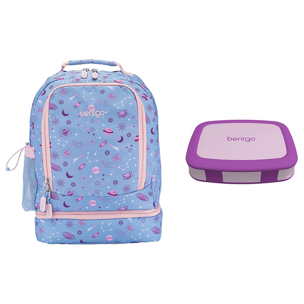 Bentgo - Kids Colour Lunchbox Purple + Kids Prints Backpack Lavander Galaxy