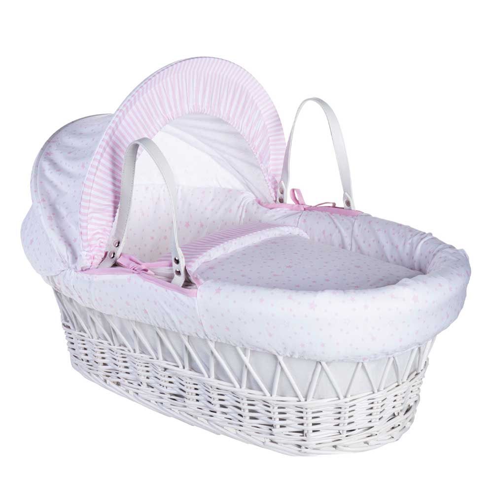 Clair de Lune Stars Stripes White Wicker Moses Basket Pink