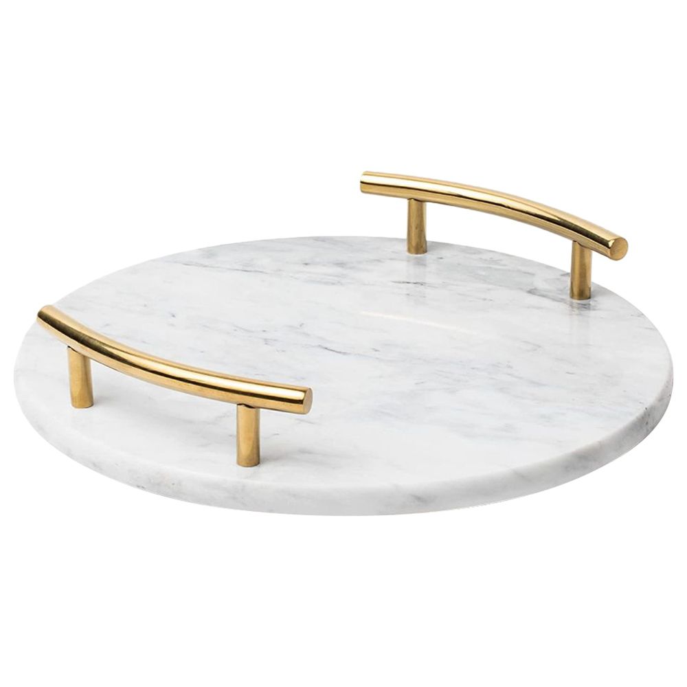 1Chase Round Marble Tray W Gold Handle 25cm White