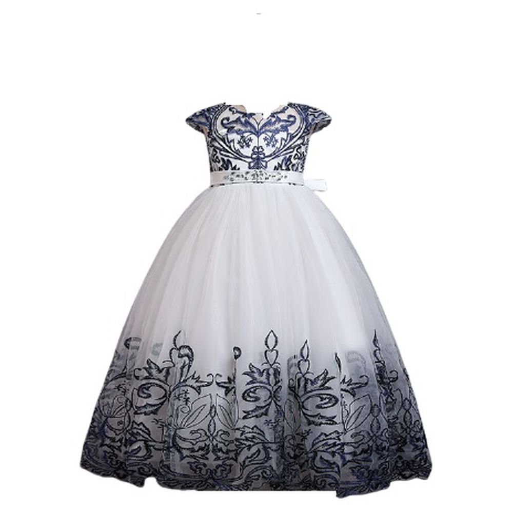 D Daniela Lace Applique Cap Sleeves Ball Gown White