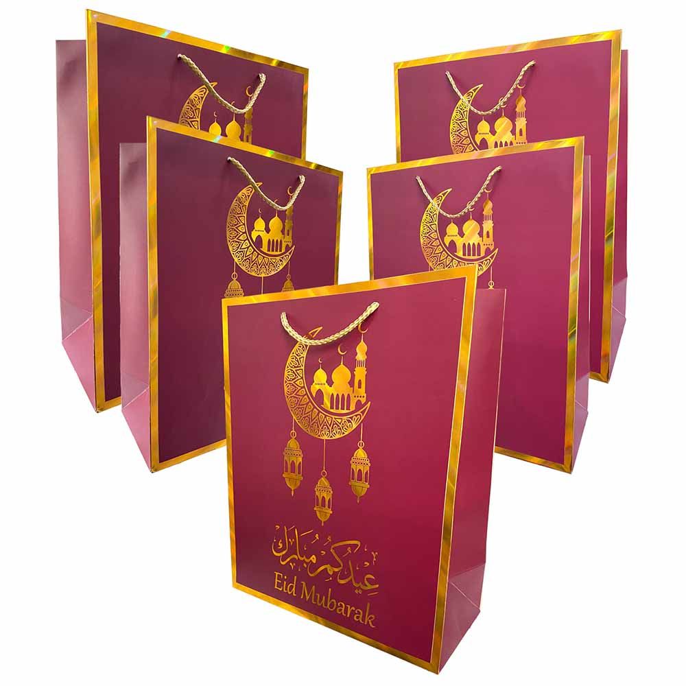 Highland Maroon Gold Eid Mubarak Gift Bags Large 6pcs