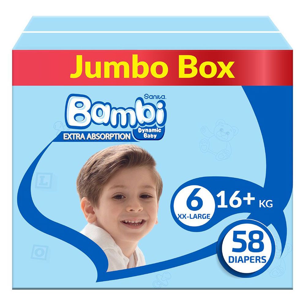 Sanita Bambi - Baby Diapers Jumbo Box Size 6, XX Large +16 KG, 58