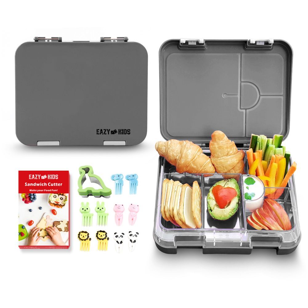 Eazy Kids - 6 & 4 Convertible Bento Lunch Box w/ Sandwich Cutter Set - Grey