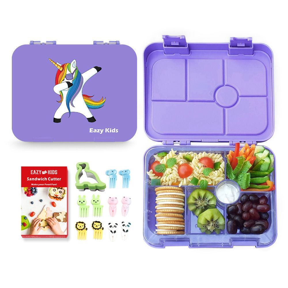 Eazy Kids 6 Compartment Bento Lunch Box w/ sandwich cutter- Unicorn Purple