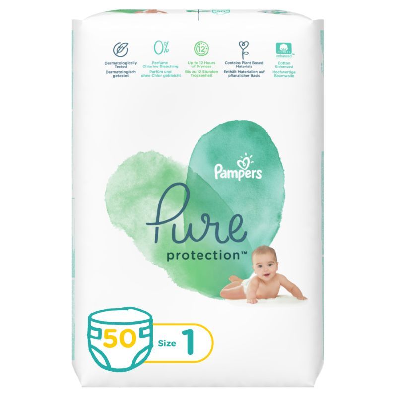 Pampers - Pure Protection Diaper - Size 1, 2-5kg, 50 Diapers