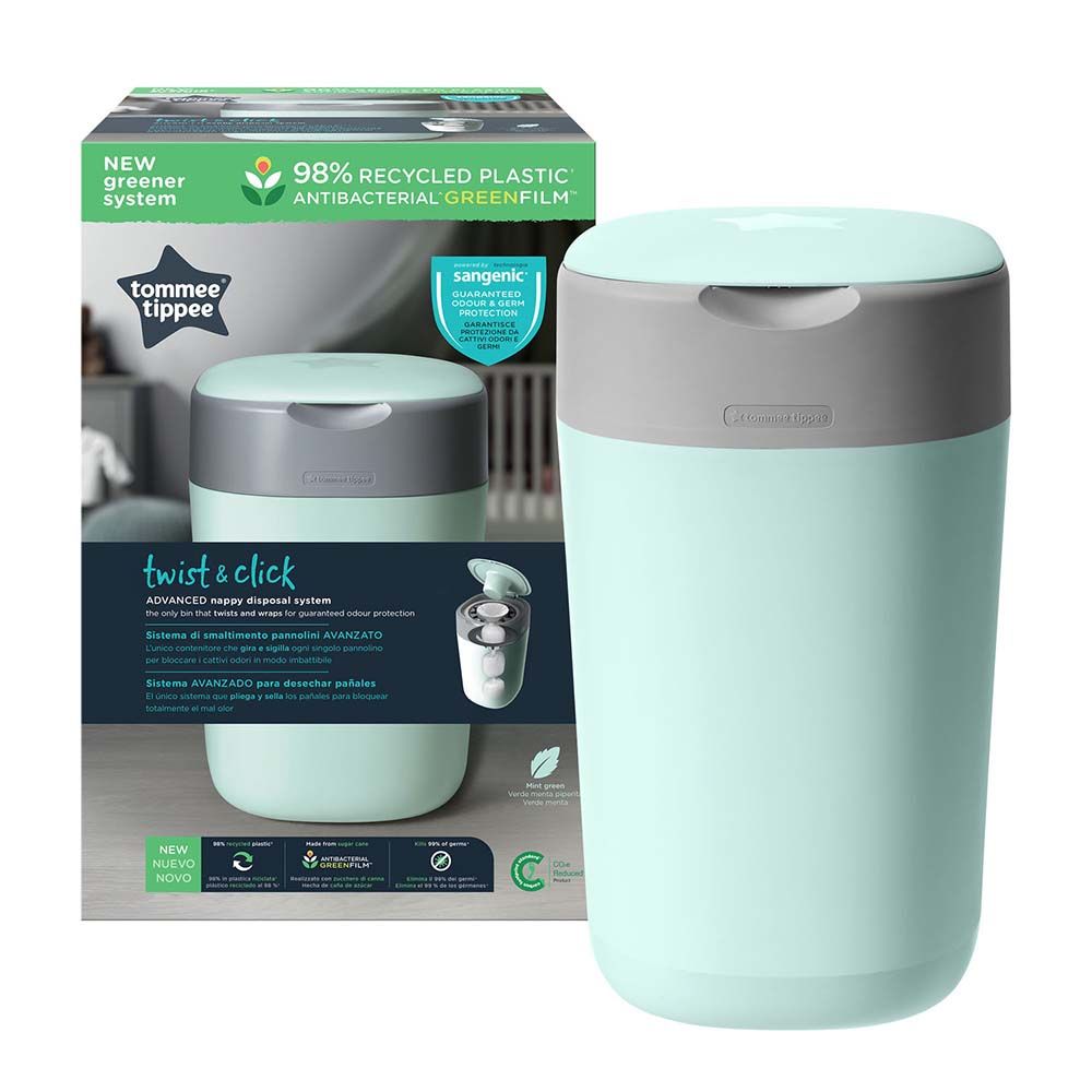 Tommee Tippee Twist and Click Advanced Nappy Bin, Eco-Friendlier System,  Includes 1x Refill Cassette with Sustainably Sourced Antibacterial  GREENFILM, White : : Baby Products