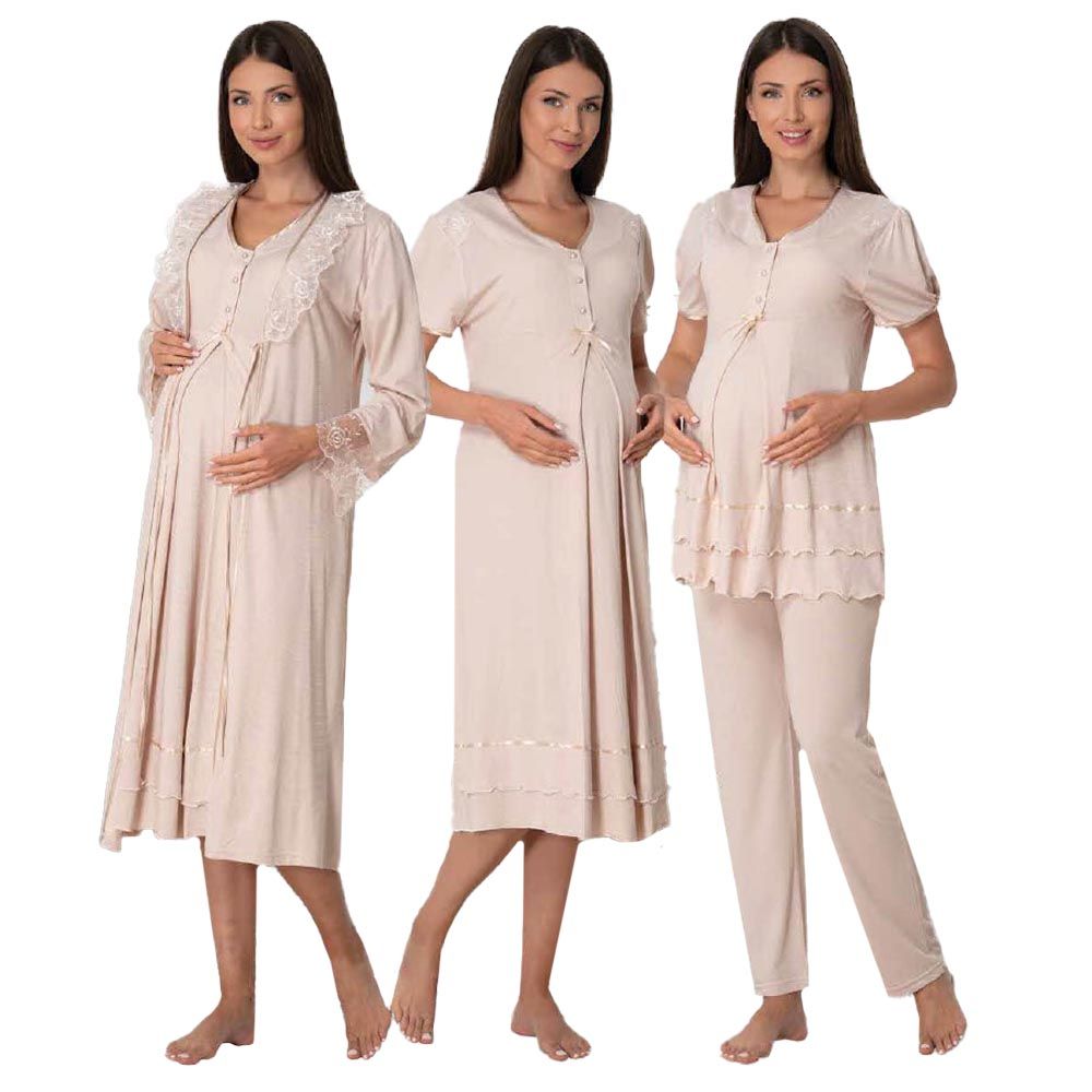 Mini Plum - 4pc-set - Maternity Nightwear & Robe - Beige