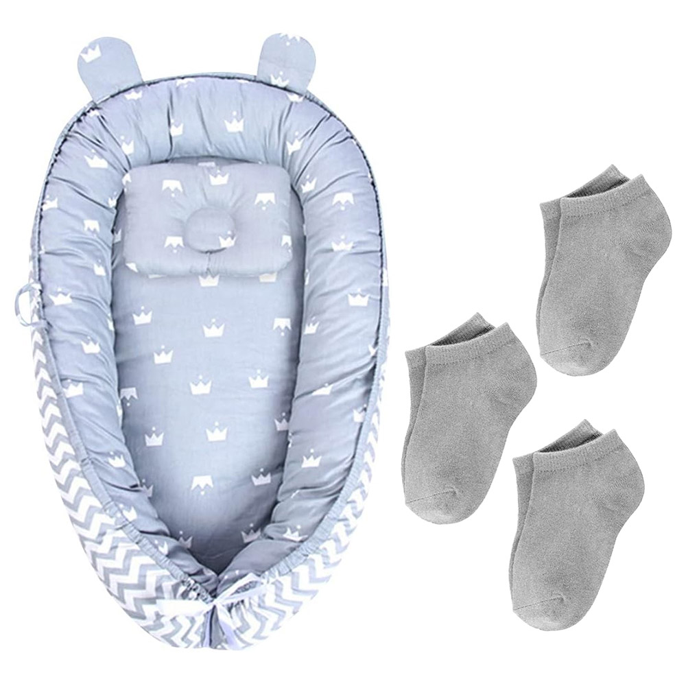 Star Babies Lounger Sleeping Bed with Kids Socks 3pcs Stripe - Grey