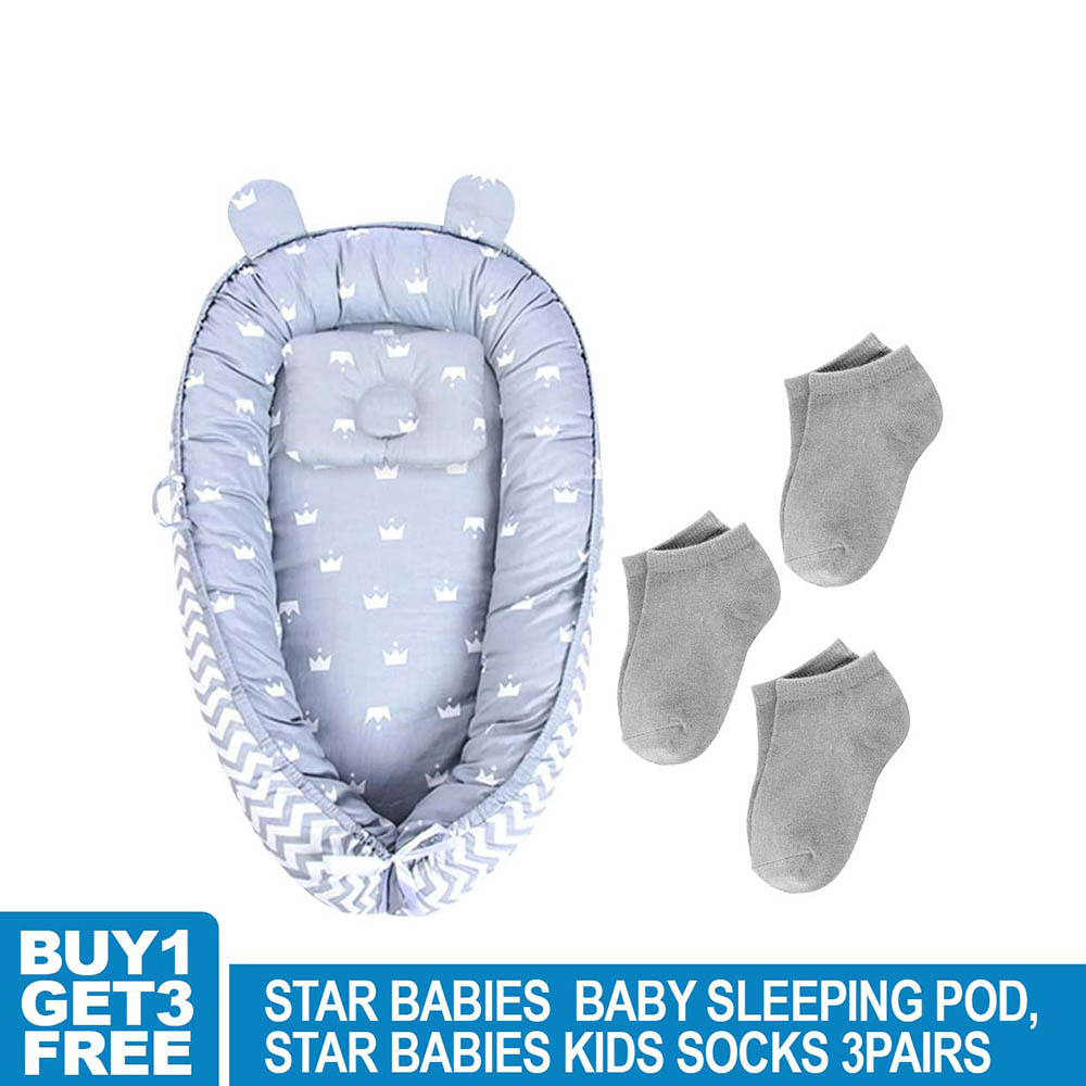 Star Babies Lounger Sleeping Bed with Kids Socks 3pcs Stripe - Grey