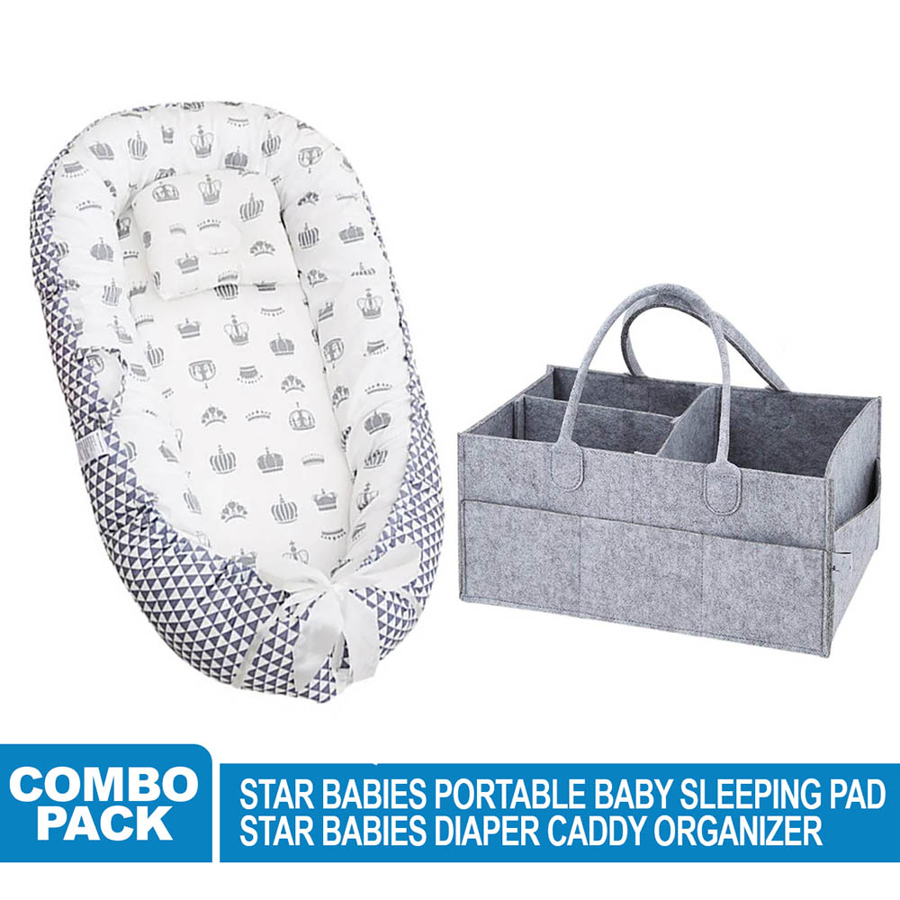 Star Babies Baby Bed Sleeping Pod - Black with Caddy Diaper Organizer - Grey