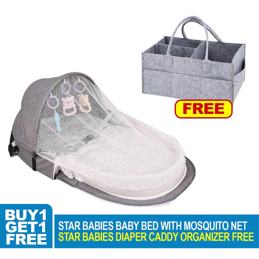 Star Babies Baby Mosquito Bed Grey with Caddy Diaper Organizer - Grey