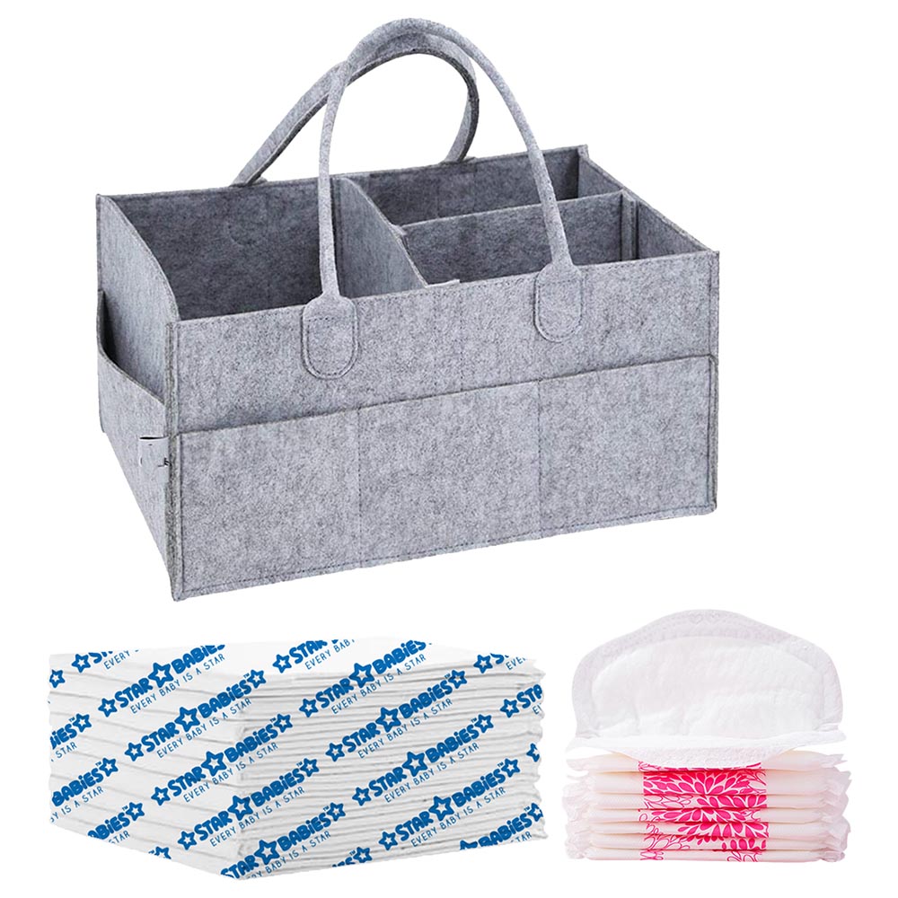 Star Babies - Caddy Diaper Organizer Grey with Breast Pad - 10pcs & Changing Mat - 10pcs
