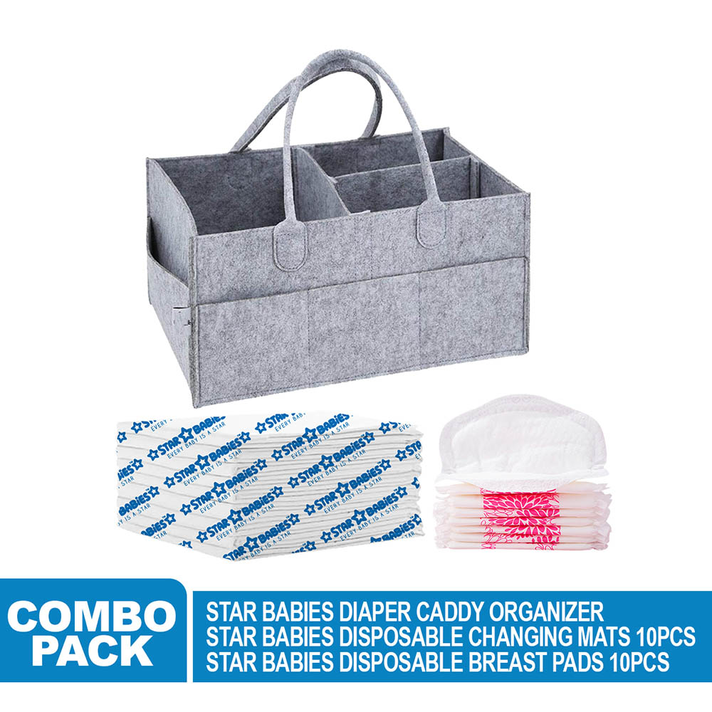 Star Babies - Caddy Diaper Organizer Grey with Breast Pad - 10pcs & Changing Mat - 10pcs