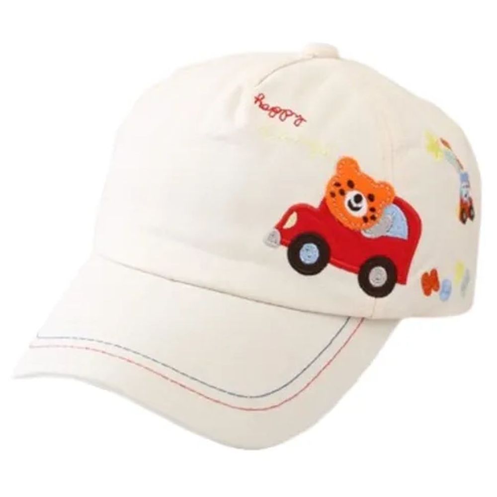 Wonder Kids Cute Bear & Car Embroidered Cap - White