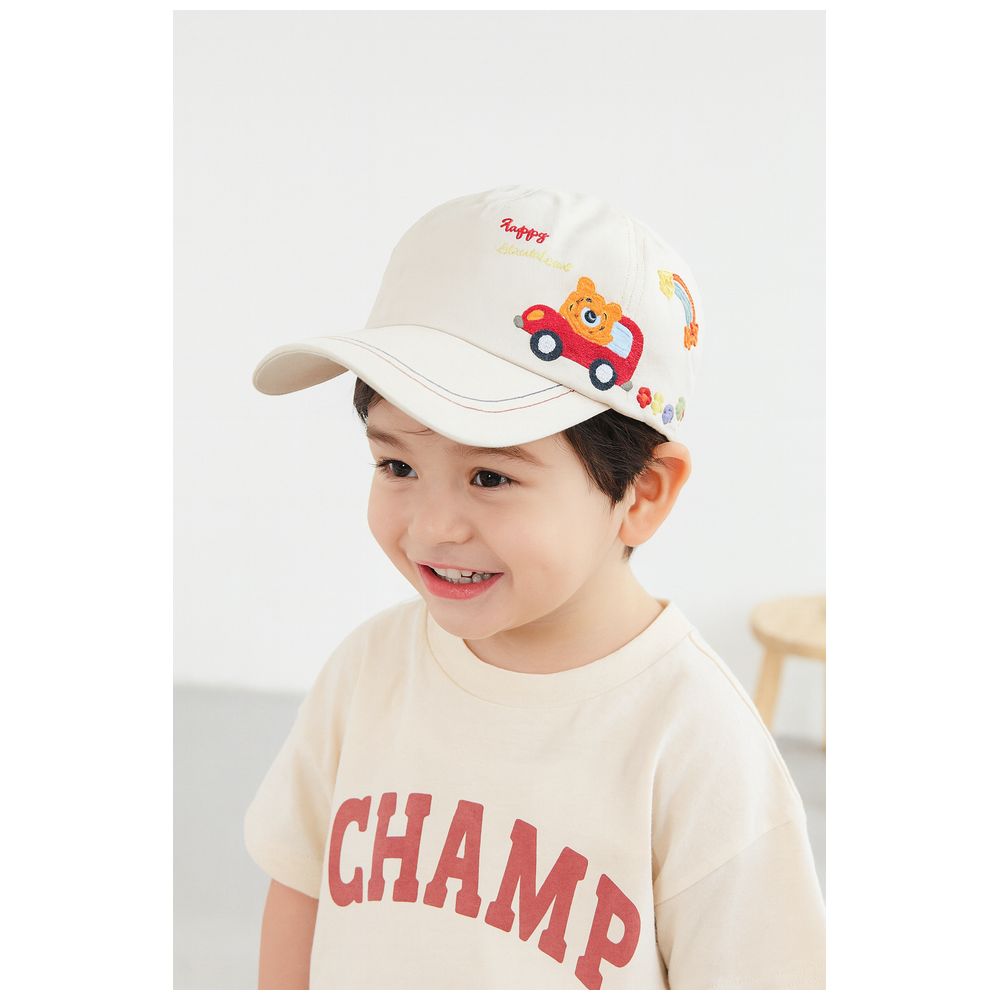Wonder Kids Cute Bear & Car Embroidered Cap - White