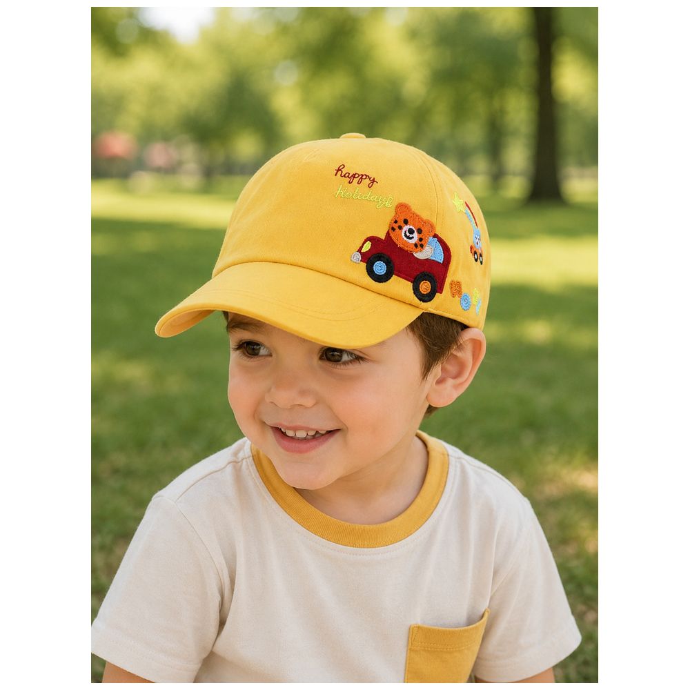 Wonder Kids Boy's Bear & Car Embroidered Cap - Yellow