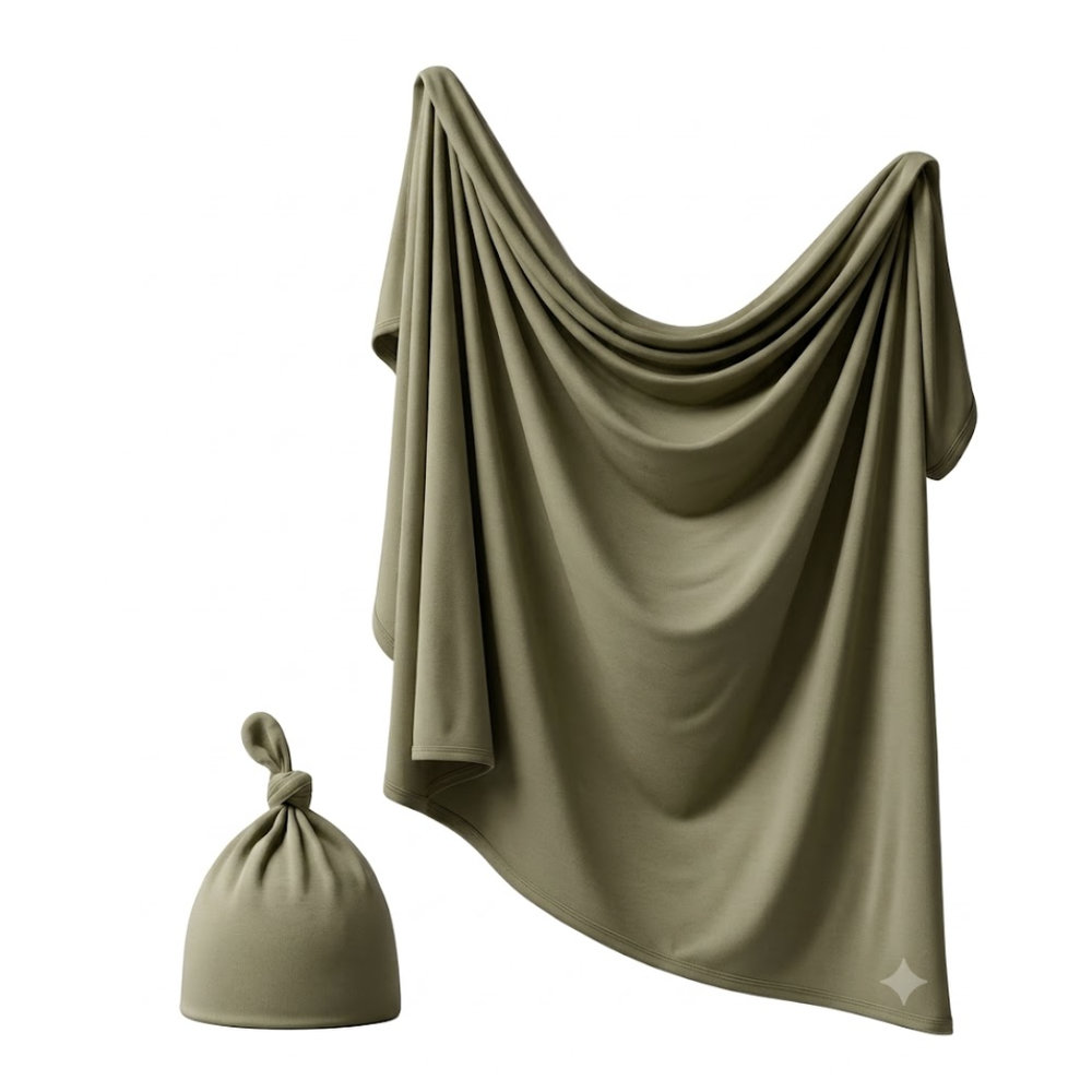 Anvi Baby Couture - 2pc-Set - Stretchy Bamboo Spandex Swaddle And Hat - Olive