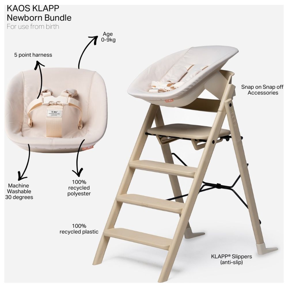 Kaos Klapp Recycled High Chair With Newborn Seat Set - Desert Sand