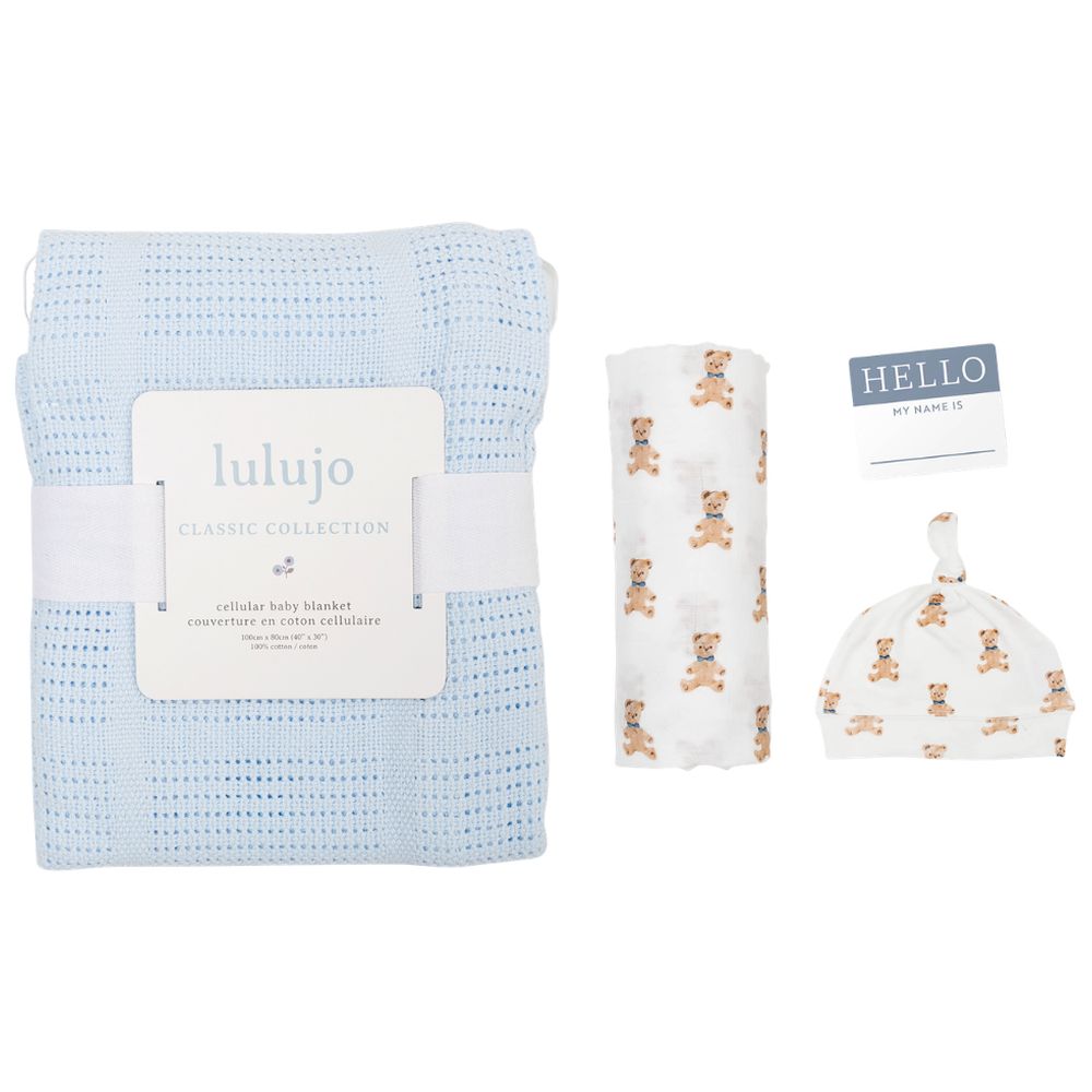 Lulujo - Newborn Bamboo Swaddle + Hat & Cellular Blanket