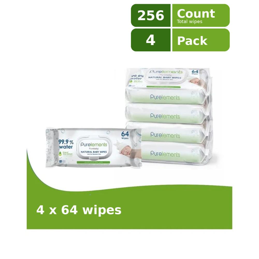 Purelements Baby Wipes For Sensitive/Delicate Skin | Wipes with 99.9% Water and Natural Aloe | Skin Friendly | Free from Fragrances, Parabens & Alcohol Pack of 4 (256 pcs)