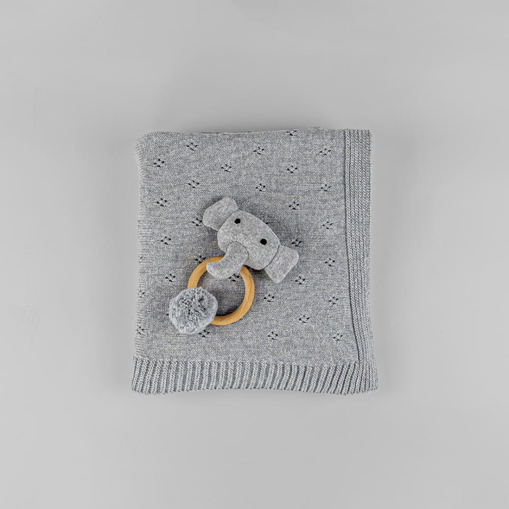 Bumble & Bird Cozy Cocoon Knitted Cotton Blanket - Grey | 100% Organic Swaddle with Attached Rattle Toy